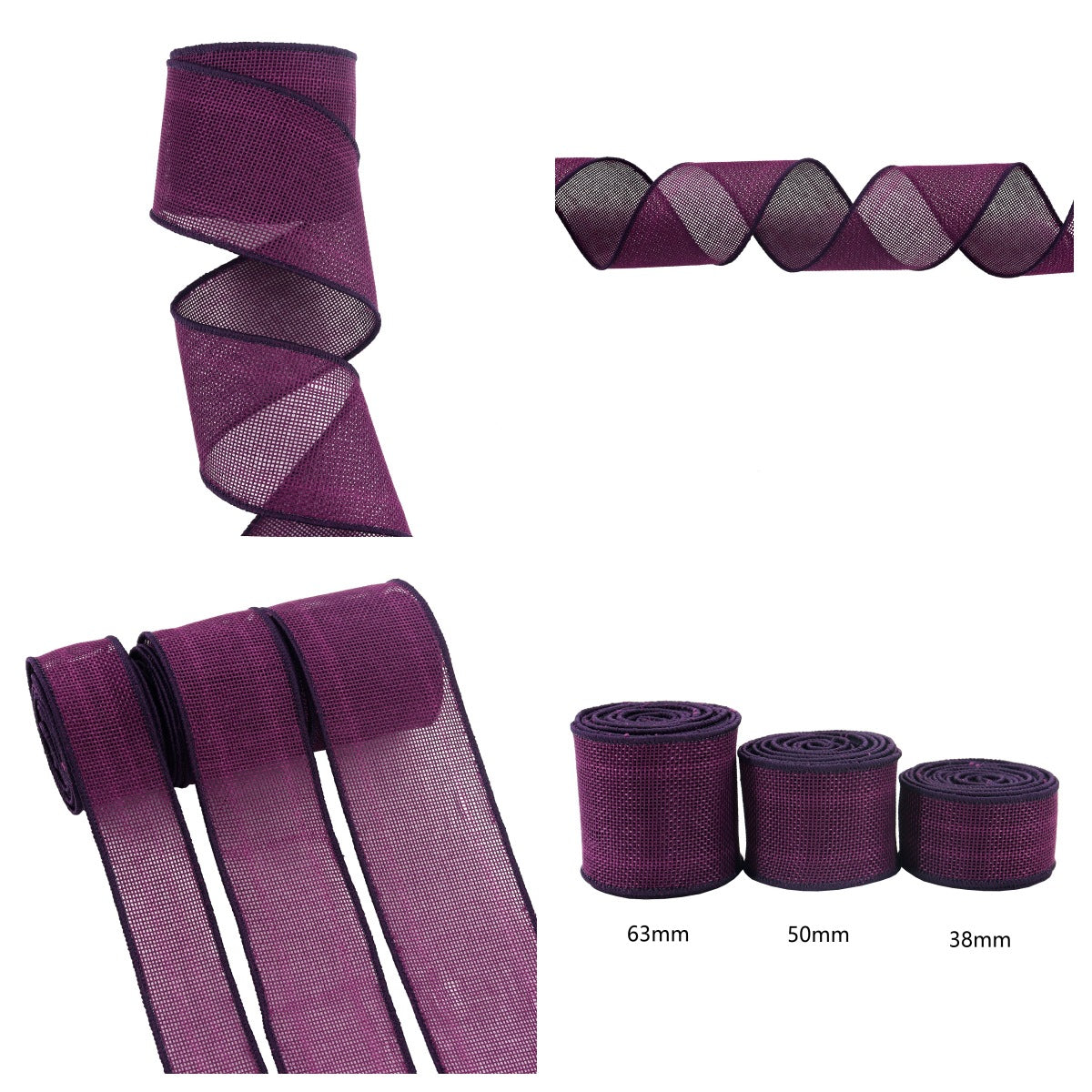 Purple cotton ribbon garden ties, 3 pack—38mm, 50mm, 63mm rolled ribbon ties.