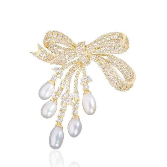Pearl Tassel Bow Brooch Set of 2 – Gold & Silver Elegant Lapel Pins