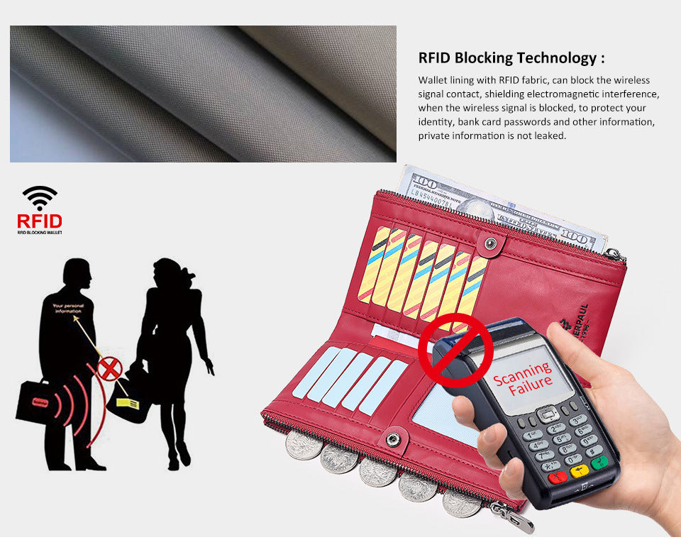 Women's Genuine Leather Long Wallet — RFID Blocking Clutch