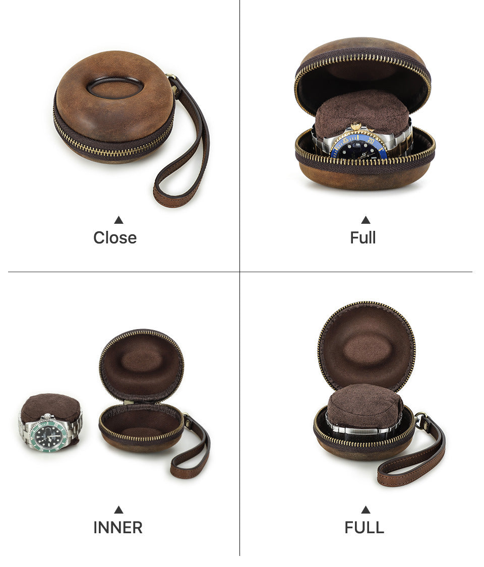 Vintage Round Leather Single Watch Case Box with Removable Wrist Cushion