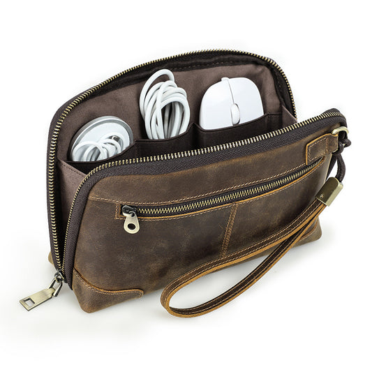 Handmade Leather Wristlet Clutch – Vintage Cable & Accessories Organizer for Apple Gear
