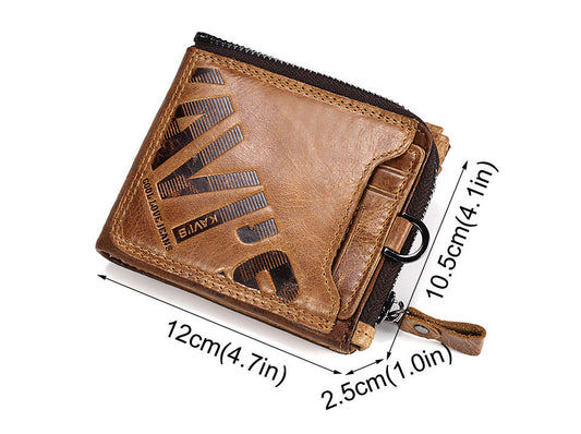 Brown Genuine Cowhide Leather Men's Short Wallet, Zip Around S