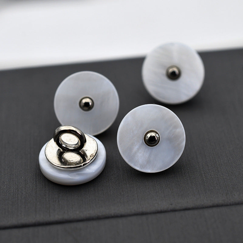 Light blue-gray shell round buttons with metal shank, glossy center
