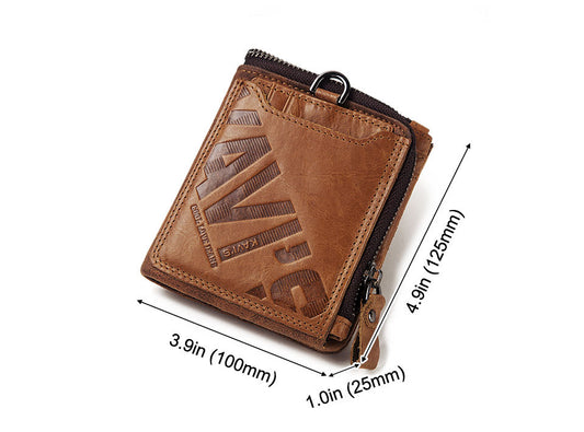 Brown Genuine Cowhide Leather Men's Short Wallet, Zip Around M