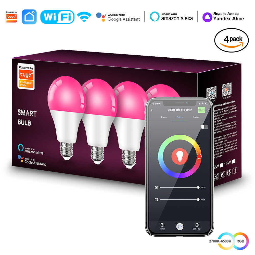 Tuya Smart LED Bulb E27 9W, WiFi & Bluetooth RGB Color Changing Light 4 Pack