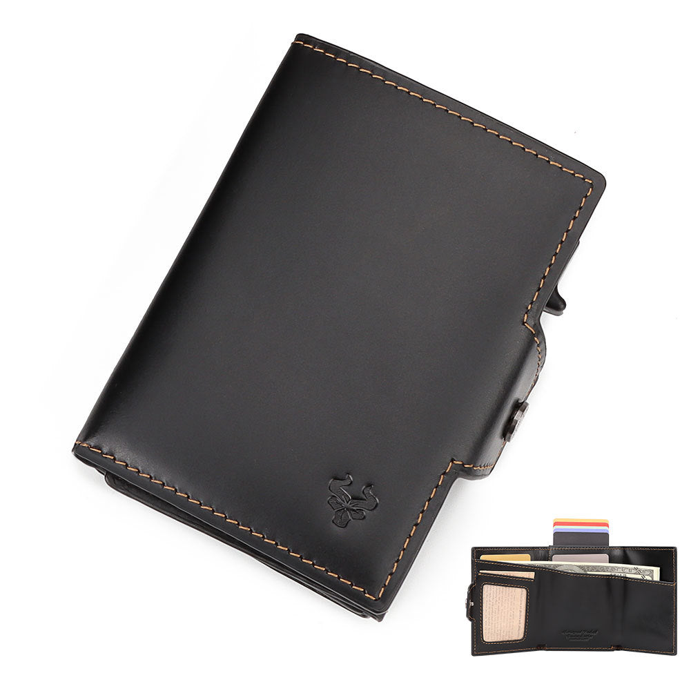 Waxed Leather Wallet Coin Purse,Auto-Eject RFID Metal Card Case Black
