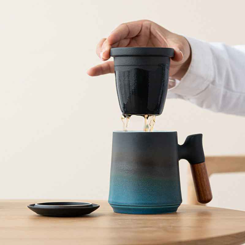 Gradient Tea Cup Mug with Infuser and Lid, 14.5oz Wood Handle