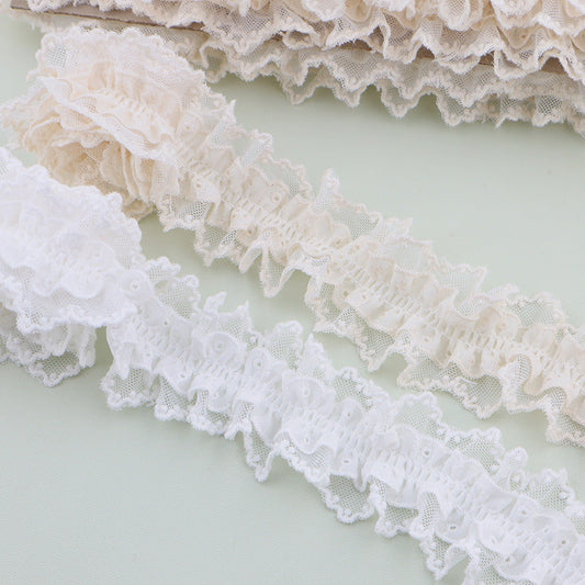 50mm Pleated Lace Trim Elastic Double Layer Ruffle 5 Yards