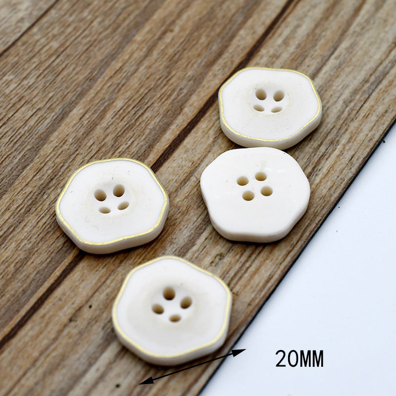 Beige marble resin buttons with round 4-hole fronts; irregular edges, set size shown 20mm
