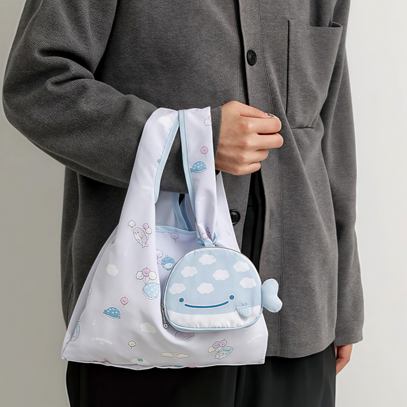 Japanese Kawaii Whale Shark Light Blue Tote Bag with Coin Purse