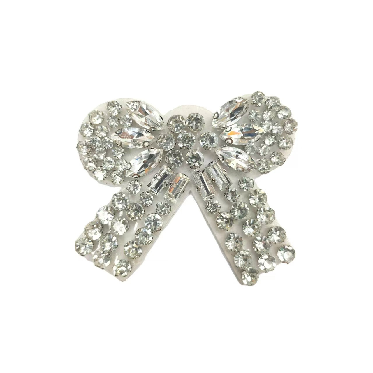 Sparkling silver rhinestone bow applique with clear faceted center accents