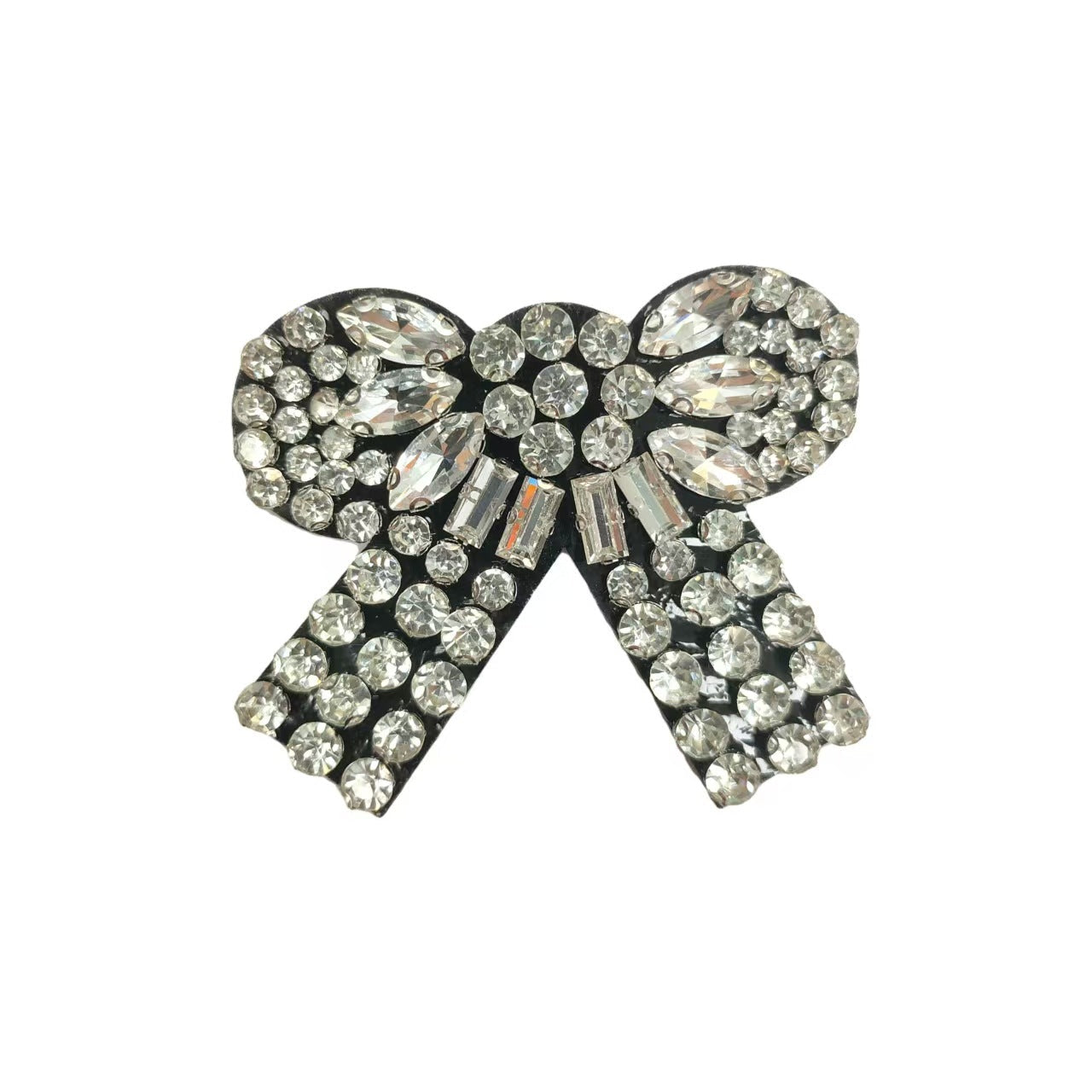 Silver rhinestone bow applique with faceted crystal center and sparkle stones