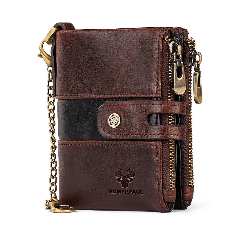 Men's Retro Leather Wallet,Double Zipper Dark Brown