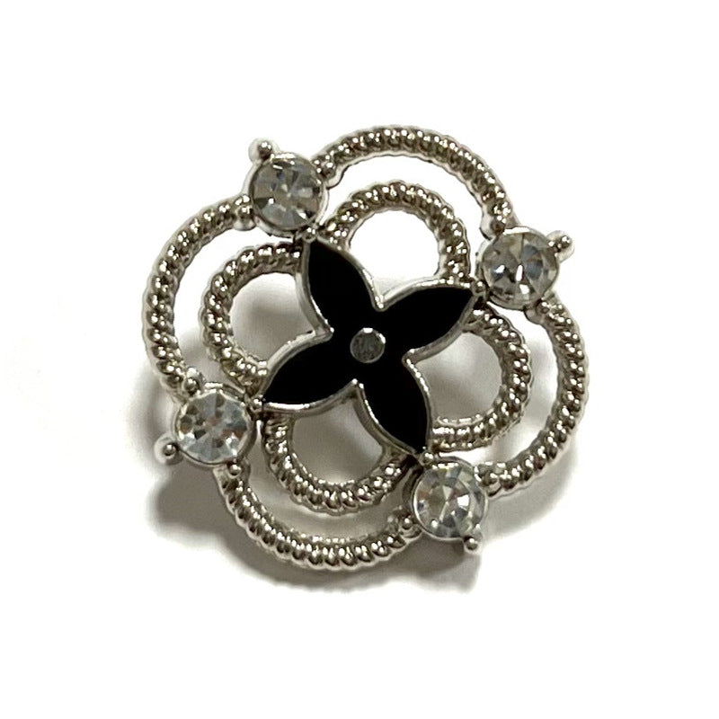 Silver-tone rhinestone clover button with metal shank, round crystal in each petal, 20mm