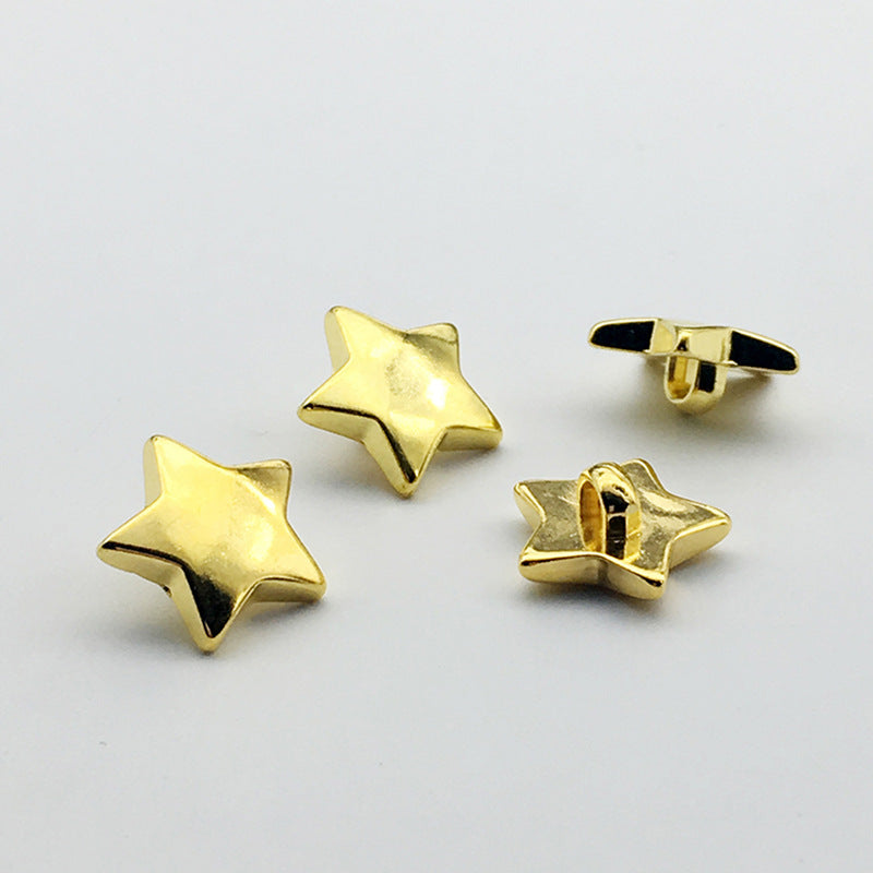 Gold star shank buttons with central hole, glossy plastic, 10/15/18mm, 50 pcs