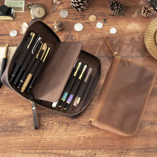 Leather Pen Case with 10 Slots – Full-Zip Fountain Pen Storage Pouch