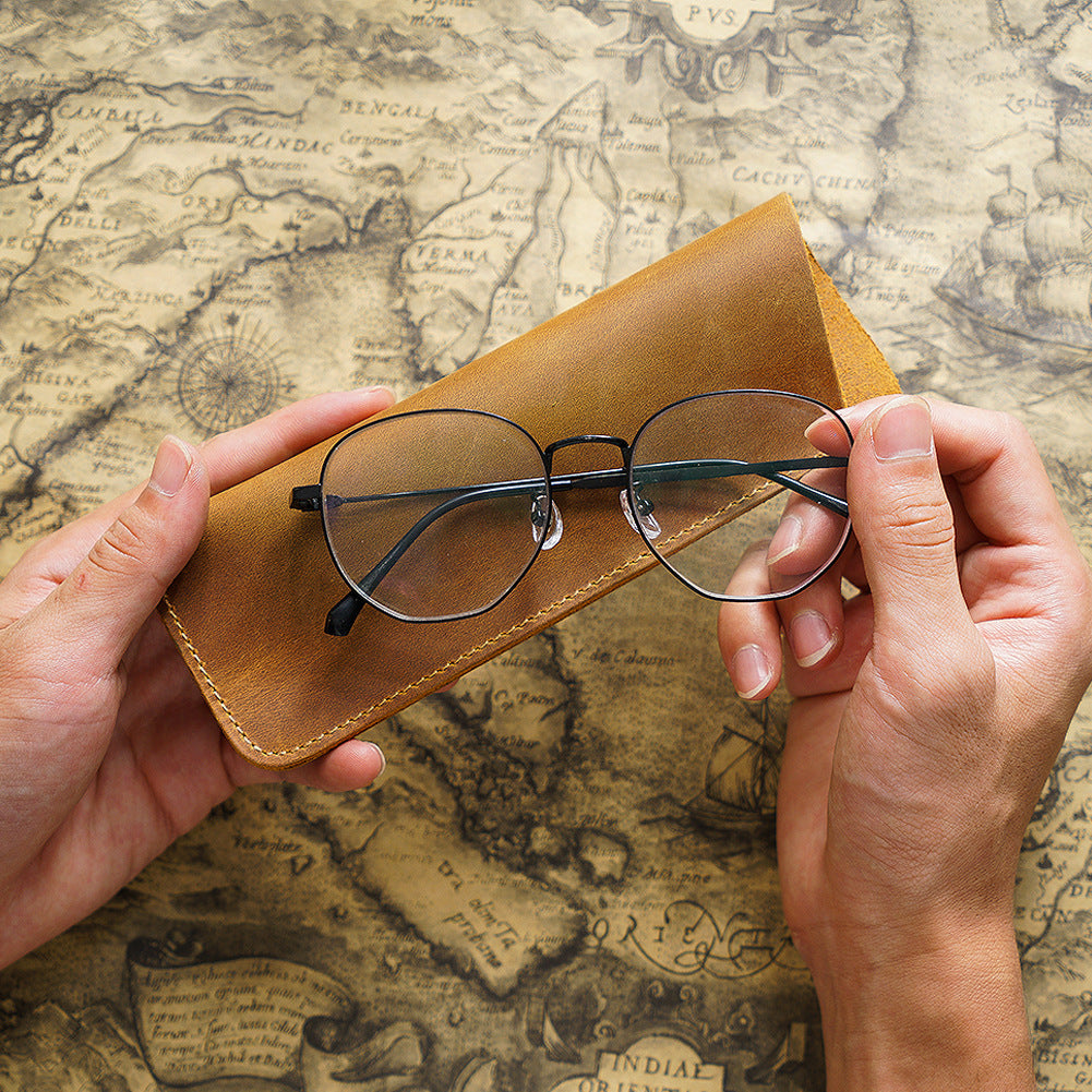 Vintage Crazy Horse Leather Pen Pouch Sleeve Eyeglasses Holder