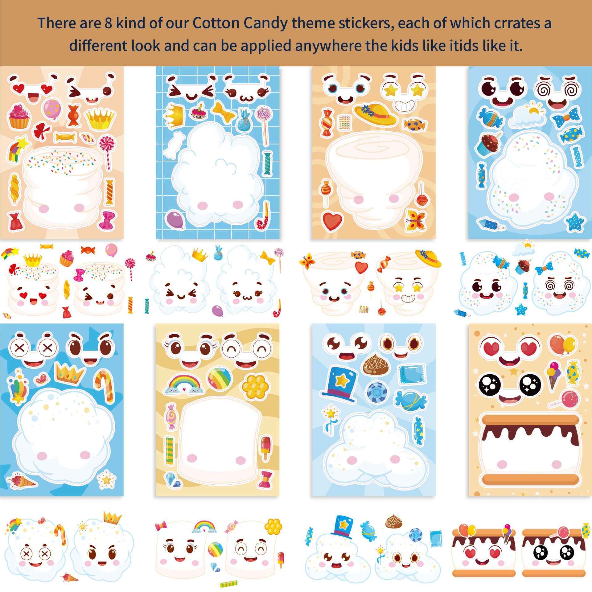 Make a Face Marshmallow Cotton Candy Stickers for Kids 24 Sheets