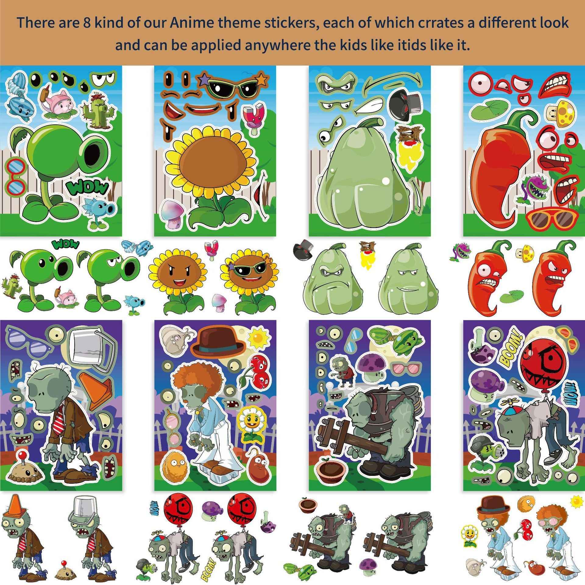 Make a Face Anime Plants vs. Zombies Stickers for Kids 24 Sheets