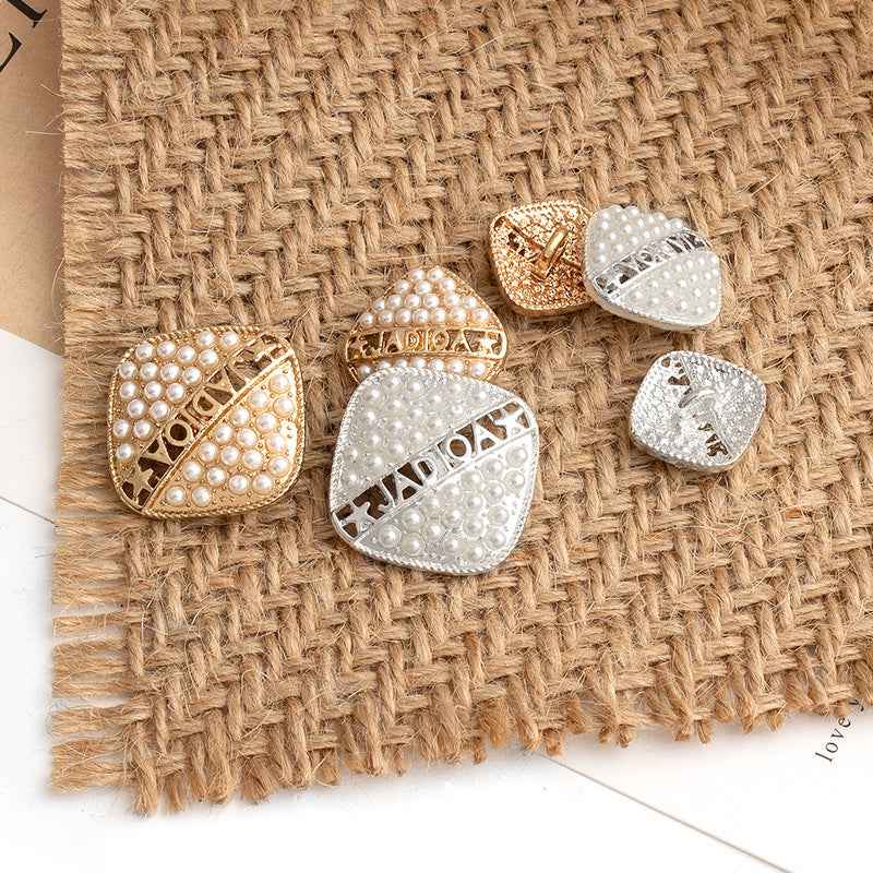 Mixed gold and silver square pearl metal buttons, geometric pattern on face