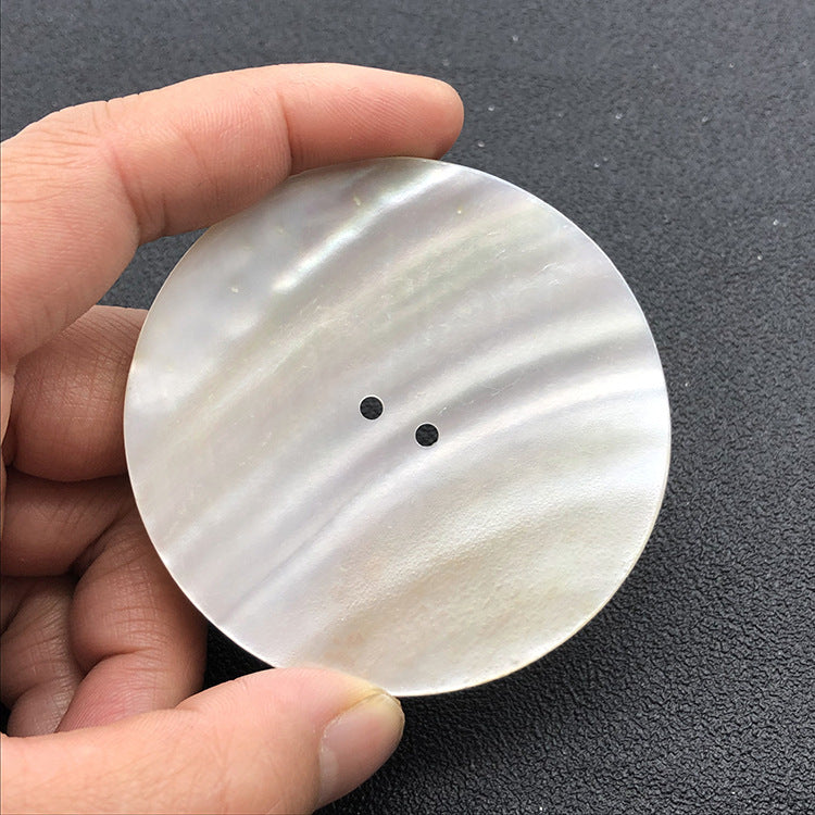 White round two-hole shell button, large 30–60mm, smooth mother-of-pearl finish
