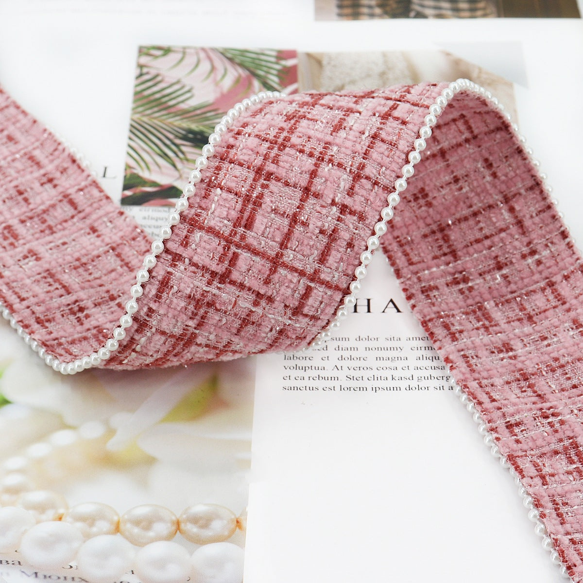 Dusty pink/red checkered flannel ribbon with white bead edge, 38mm wide