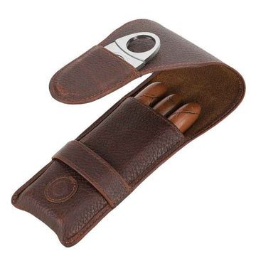 Full Grain Leather Portable 3 Cigars Case with Cigar Cutter Slot