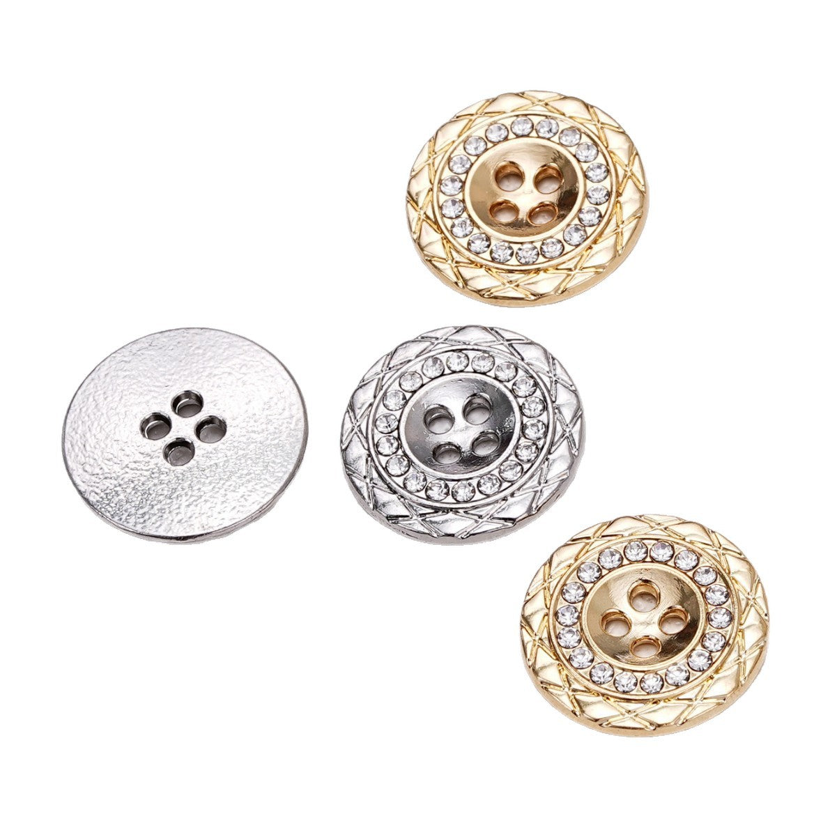 Set of 4-hole rhinestone buttons in silver and gold, with back metal disk shown