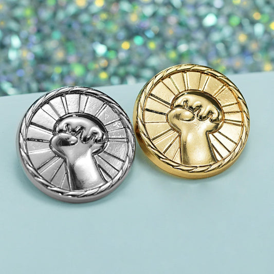 Round fist buttons: one silver, one gold, zinc alloy, metal shank, textured back