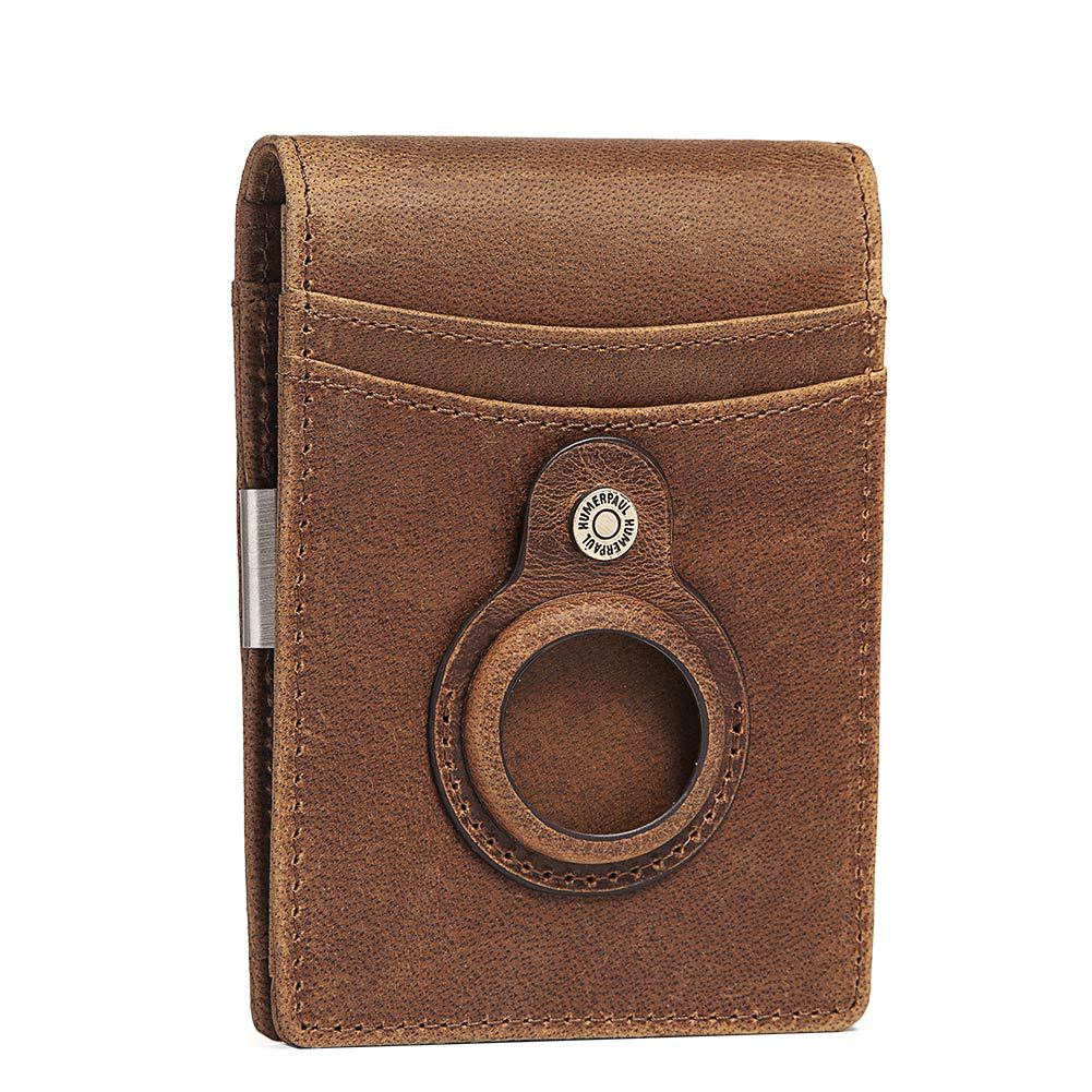 RFID Top Grain Leather Card Holder Wallet with AirTag Slot Brown