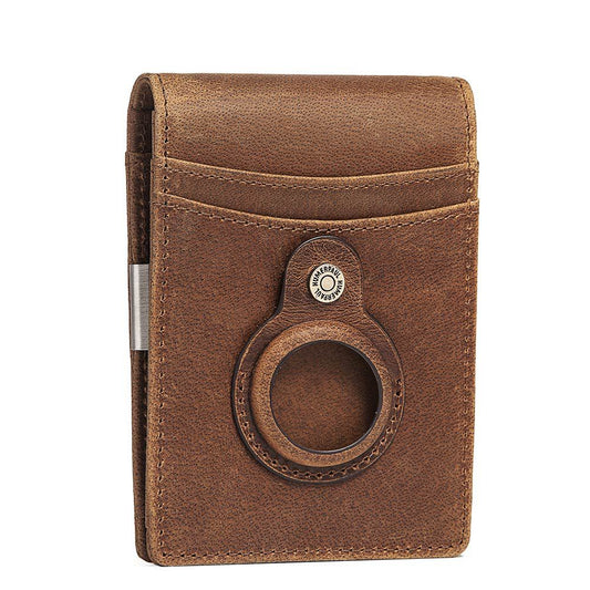 RFID Top Grain Leather Card Holder Wallet with AirTag Slot Brown