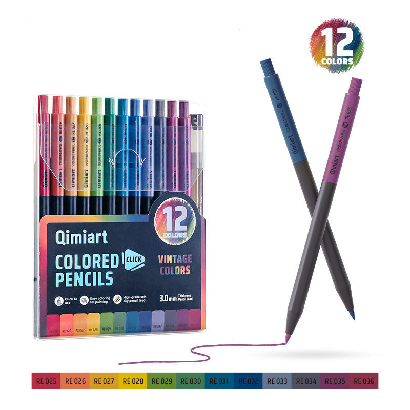 Qimiart Click Retractable Colored Pencils Set of 12 Oil-Based Includes Sharpener Vintage