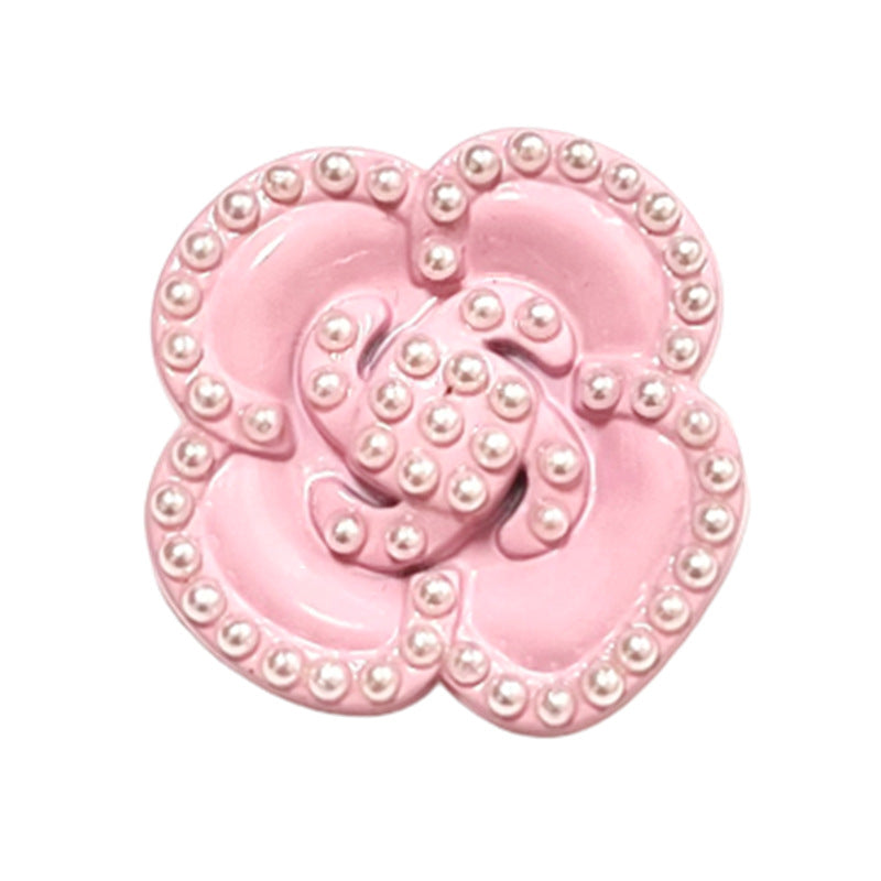 Pink camellia pearl heart shank button with bead border and raised swirl details