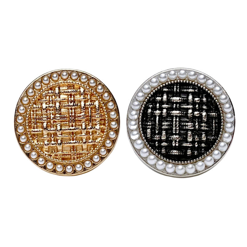 Round pearl-edged tweed check buttons, gold & black, metal shank, 2 shown