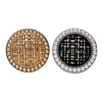 Round pearl-edged tweed check buttons, gold & black, metal shank, 2 shown