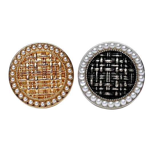 Round Edge Pearl Embellished Tweed Check Metal Shank Button 20pcs