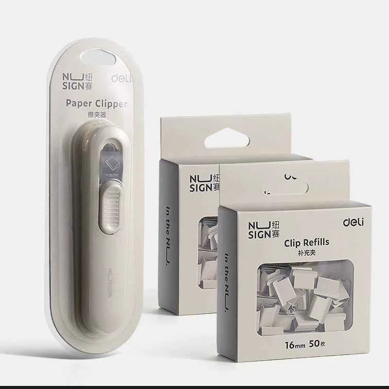 Deli Nusign Push Clip Dispenser with 100 Clips 16mm White