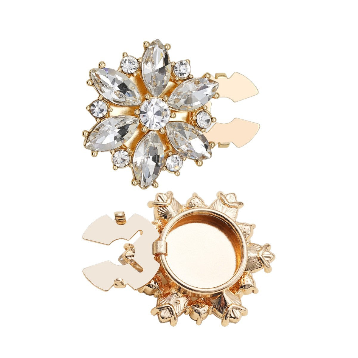 Gold crystal flower clamp button with gem petals and detachable snap tabs