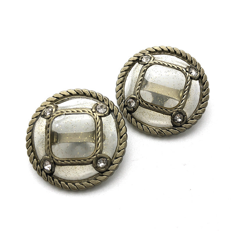 Tea-gold round coat buttons, clear square jewel center, braided rim, 18–27mm