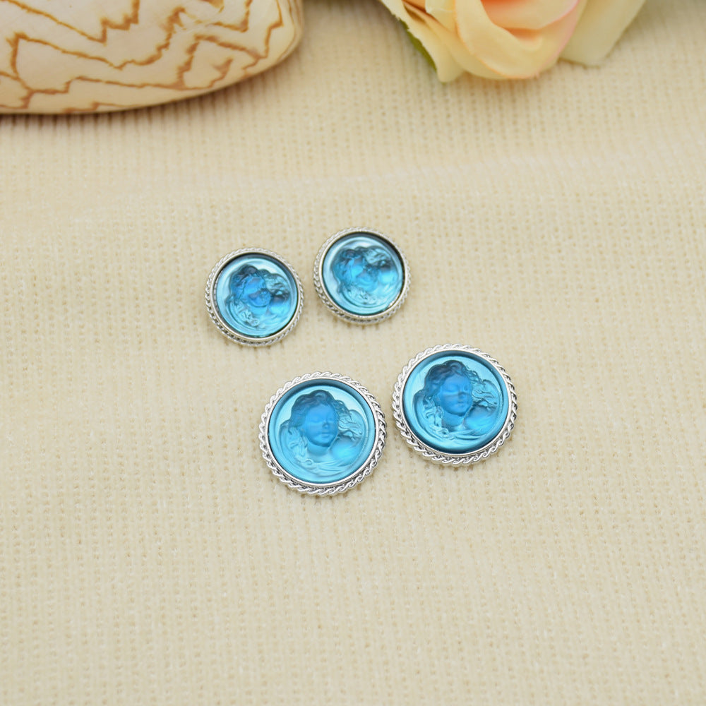 Blue lady portrait resin buttons with silver rims; 4 round buttons with raised portrait design.