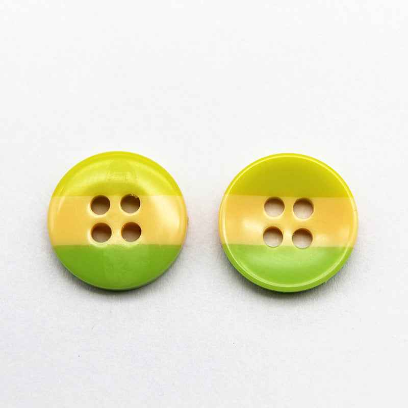 Round 4-hole resin button set, lime yellow and green rainbow stripes