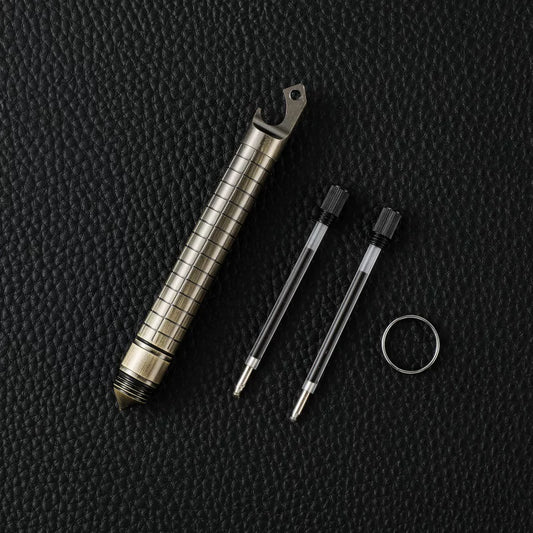 Brass Vintage Tactical Pen | Bottle Opener & Awl | Includes 2 Refills & Ring Brone