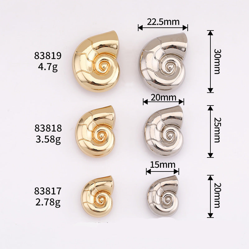 Snail metal shank buttons with sizes 15–25mm; IDs 83817–83819 in gold & silver