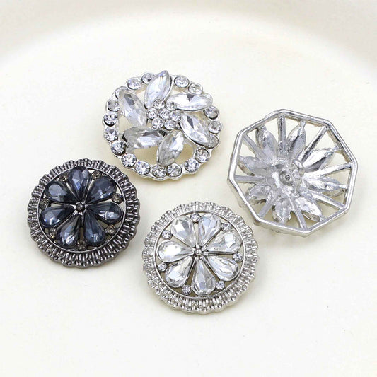 Round sew-on rhinestone alloy buttons with clear and dark stones, silver frames