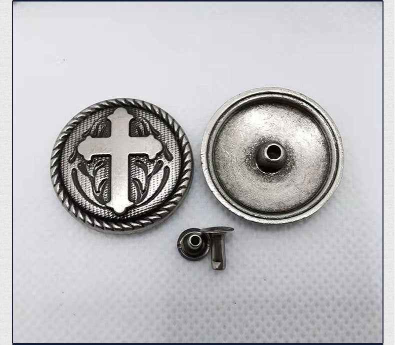 Gothic cross rivet stud, antique silver front medallion with snap-back disk and post