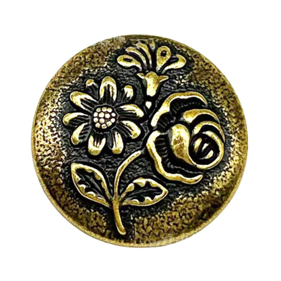 Bronze round metal shank button with embossed three-flower and rose motif