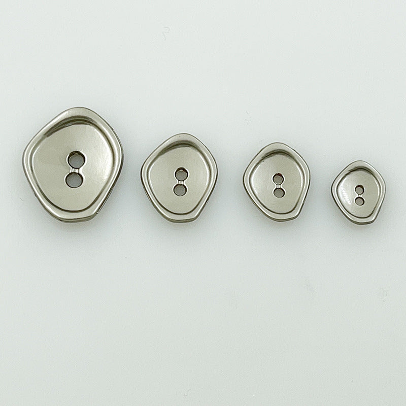 Silver-tone irregular 2-hole metal buttons, four sizes with raised edge and two-hole design