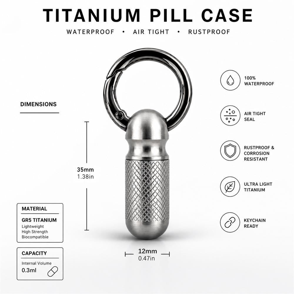 Pure Titanium EDC Waterproof Pill Capsule | Mini Sealed Keychain Canister