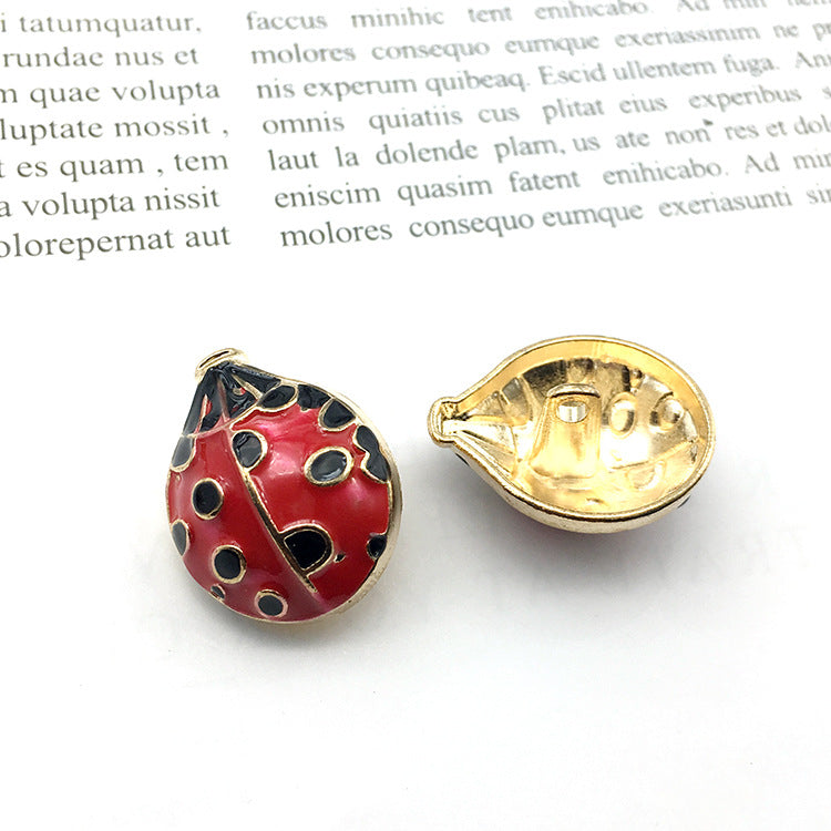 24mm ladybug metal shank button: red front with black spots, gold back, 12 pcs