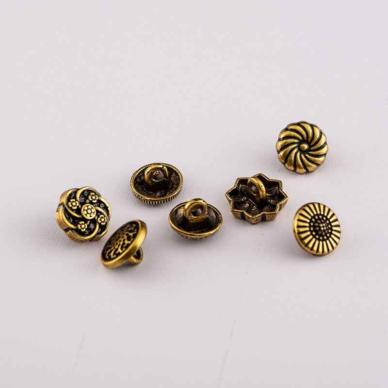 Antique bronze 10mm shirt buttons: fan and flower motifs, 70 pcs
